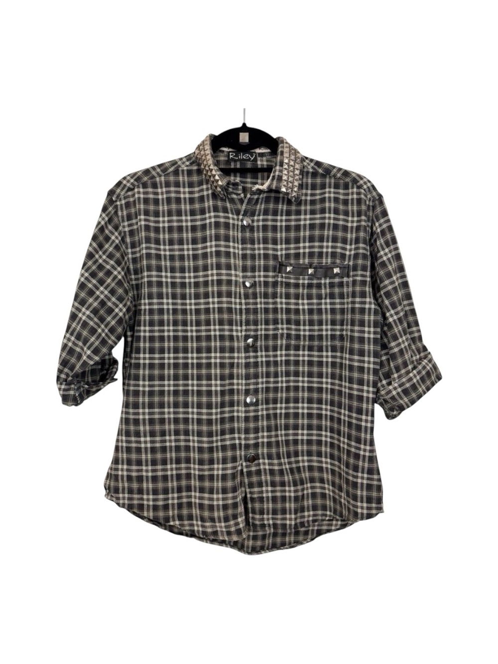 Riley Ranch Shirt Sz S Plaid Studded Cotton Distressed Short Sleeve Snap Western